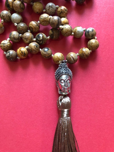 Mala Necklace - 108 Mala Beads, Yoga Gemstone, Knotted Long Tassel