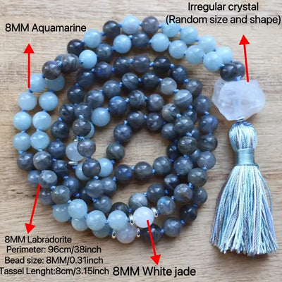 Labradorite Natural Stone Necklace with Tassel - 108 Mala Beads