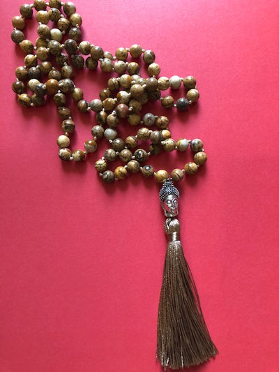 Mala Necklace - 108 Mala Beads, Yoga Gemstone, Knotted Long Tassel