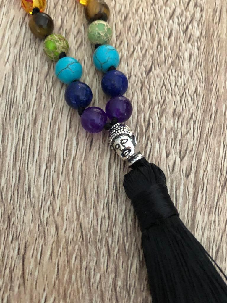Boho Style Tassel  Necklace - 7 Chakra Stone Beads and Silver Budda head